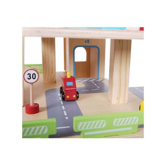 Ecotoys dřevěná patrová garáž s výtahem a autíčky