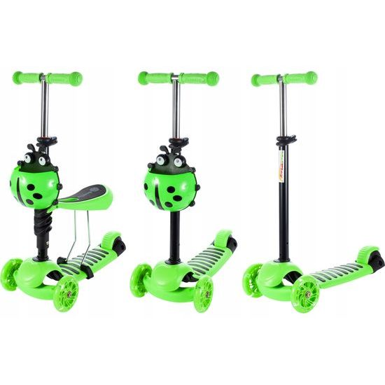 Dětská koloběžka Bedrunka zelená se sedátkem a svítícími koly