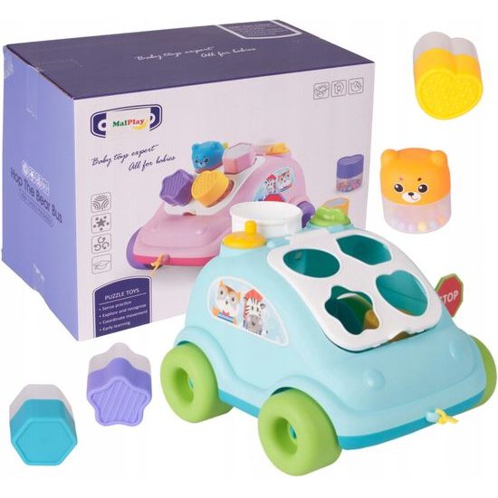 Edukační vkládací kostka - tahací Autíčko modré