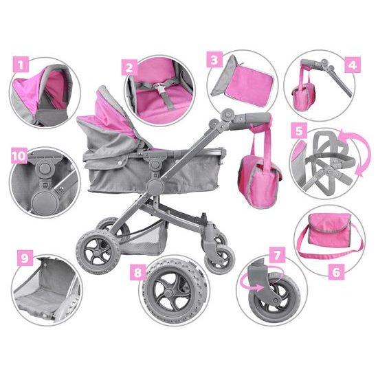 Kočárek pro panenky 4v1 kombinovaný Alice 4543 růžový