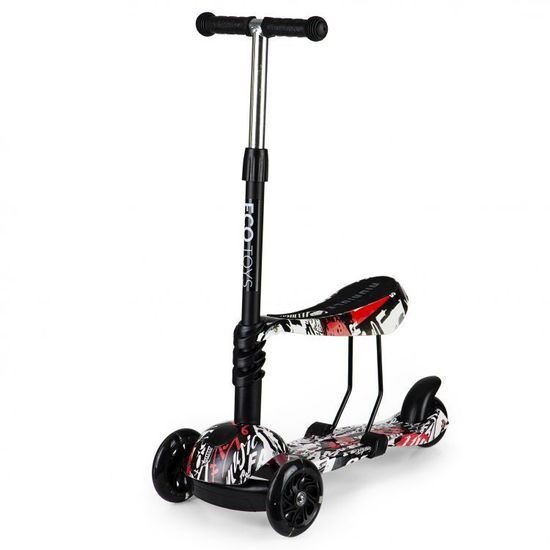 Ecotoys dětská koloběžka bílo-černá se sedátkem a svítícími koly