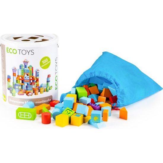 Ecotoys sada dřevěných kostek v kyblíku 100 ks v Městečko