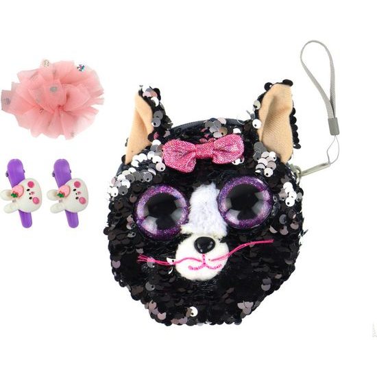 Dívčí flitrová peněženka se sponkami Kočička