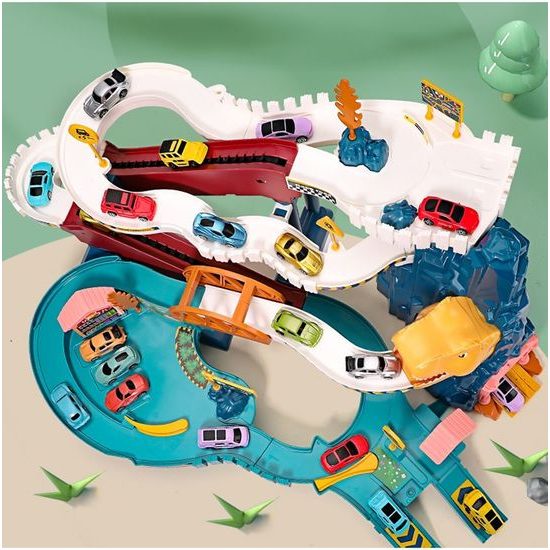 Parkovací dráha se 4 autíčky, tunelem a výtahem na baterie Dinosaur Rail