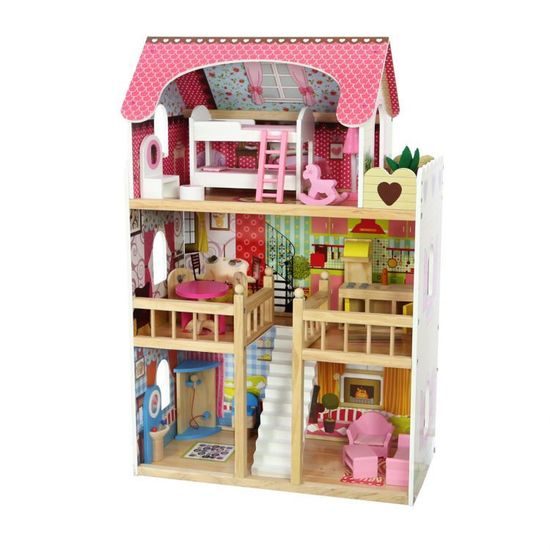 Ecotoys dřevěný dvoupatrový domeček pro panenky Malinová + 2 panenky