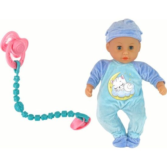 Panenka miminko v modrém oblečku s láhví, dudlíkem a doplňky-vydává zvuky