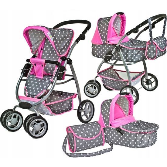 Doris velký sportovní kočárek pro panenky 3v1 - 9662 šedo-růžový + panenka