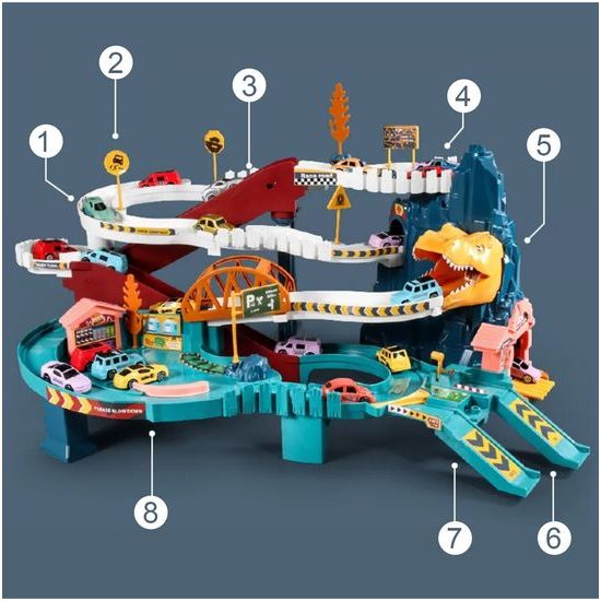 Parkovací dráha se 4 autíčky, tunelem a výtahem na baterie Dinosaur Rail