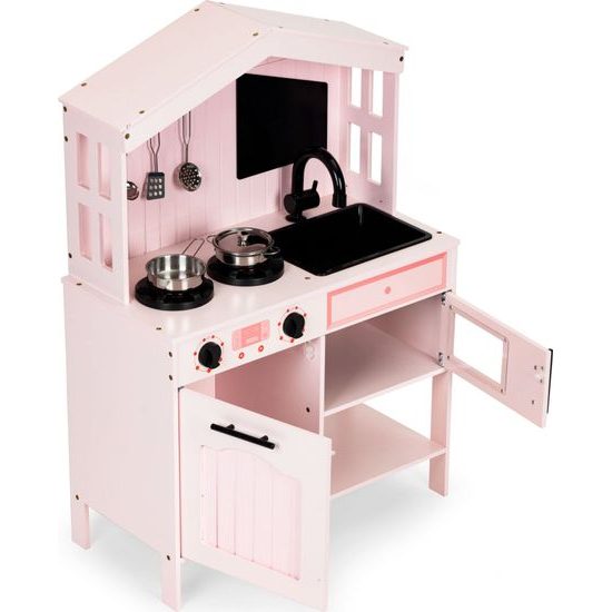 Ecotoys dětská dřevěná kuchyňka s příslušenstvím Domeček - růžová