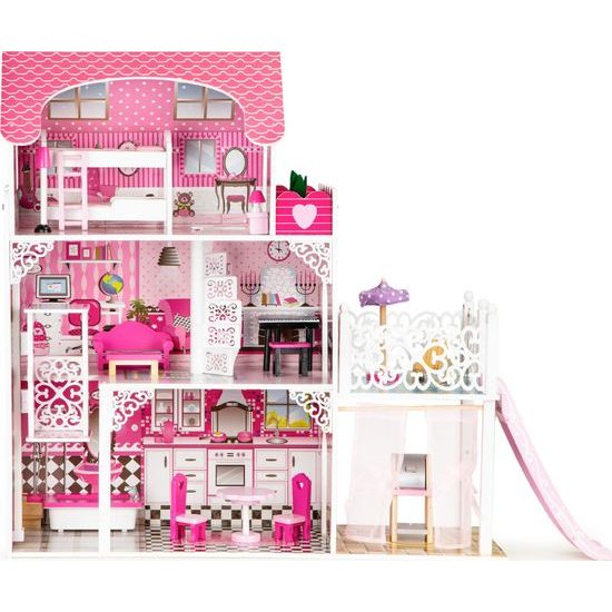 Ecotoys dřevěný XXL domeček pro panenky se skluzavkou rezidence Jersey