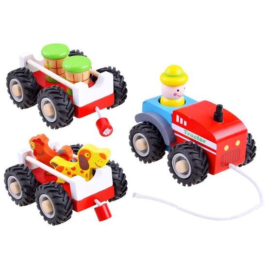 Dřevěný vláček s traktorem a šňůrkou Wooden Tractor