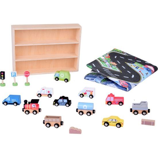 Sada dřevěných autíček hasiči, policie, taxi, sanitka, dopravní značky a podložka
