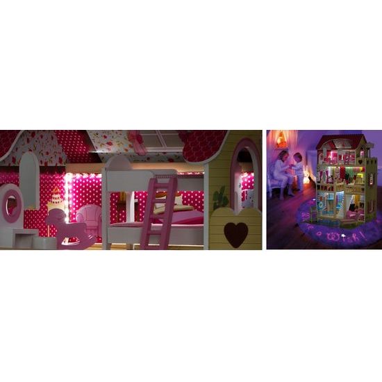 Doris dřevěný 2 patrový domeček pro panenky s barevným LED osvětlením