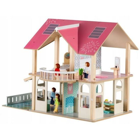 Ecotoys dřevěný domeček pro panenky Modern + 4 panenky