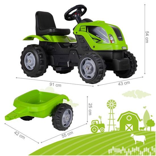 Dětský šlapací traktor s vlečkou Max zelený
