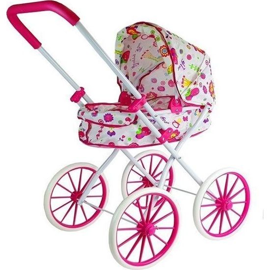 Retro kočárek pro panenky s květinami a velkými koly -růžový