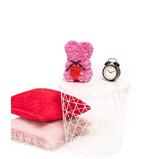 Medvídek z růží růžový s červeným srdcem Rose Bear 25 cm