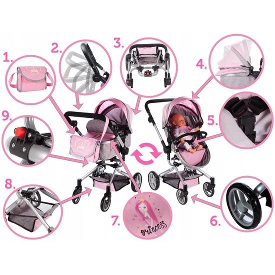 Kombinovaný kočárek pro panenky 2v1 Princess šedo-růžový