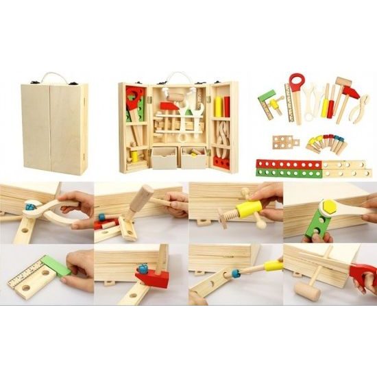 Nářadí s doplňky v dřevěném kufříku