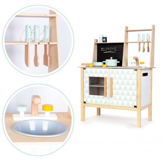 Ecotoys dětská dřevěná kuchyňka se zvuky, LED efekty a kreslící tabulí