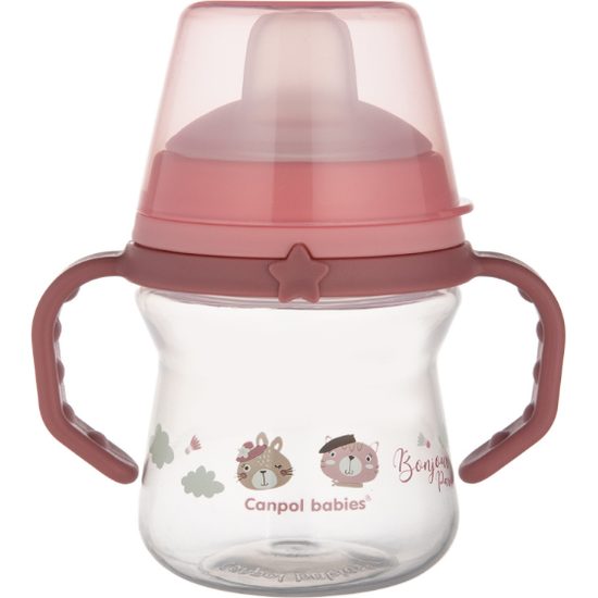 CANPOL babies Hrneček se silikonovým pítkem FirstCup BONJOUR PARIS 150ml růžový
