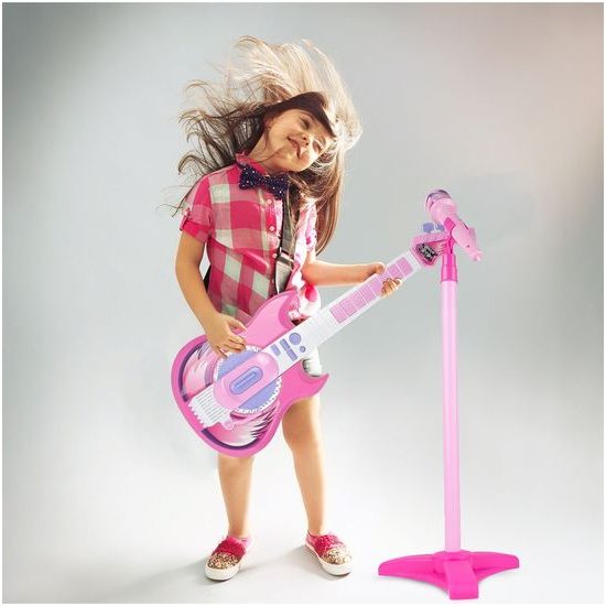 Dětská elektronická kytara se stativem a mikrofonem Guitar Micset - růžová