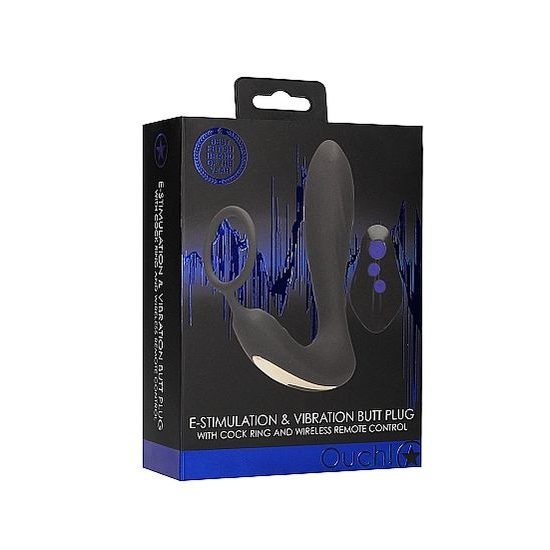 Ouch! E-stim &amp; Vibration Anális Plug Távirányítóval Fekete