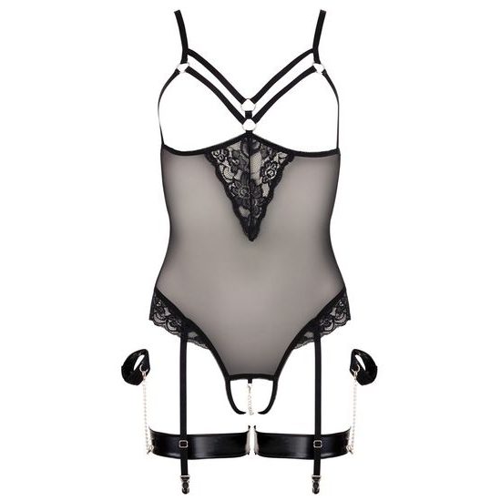 Átlátszó csipkés body nyitott melltartóval S – Cottelli Collection Bondage