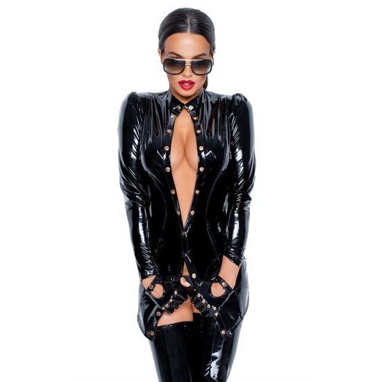 Rochie Scurtă din PVC Noir Handmade F246 Închisă în Față cu Catarame Aurii