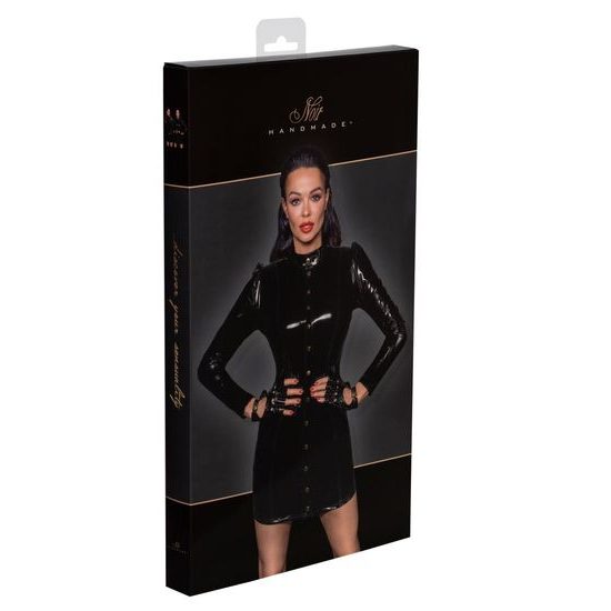 Rochie Scurtă din PVC Noir Handmade F246 Închisă în Față cu Catarame Aurii