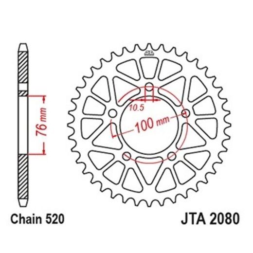 Hliníková řetězová rozeta JT JTA 2080-44BLK 44 zubů černá