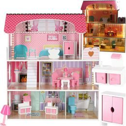 MDF dřevěný domeček pro panenky + nábytek 70cm růžový LED