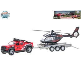 Kids Globe Traffic auto terénní 13cm kov na zpětný chod s přívěsem + vrtulníkem 20cm v krabičce