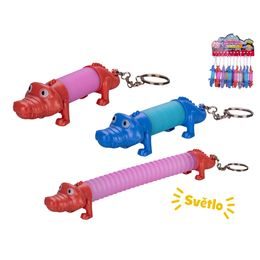 Krokodýl natahovací 11-21cm/přívěsek na klíče na baterie se světlem 3barvy 12ks na kartě
