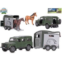Kids Globe Farming Land Rover kov s přívěsem pro koně 26cm zpětný chod v krabičce