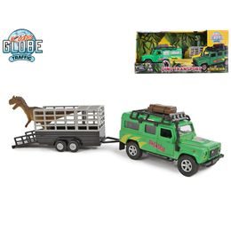 Kids Globe Traffic Land Rover 28cm kov na zpětný chod s přívěsem a dinosaurem v krabičce