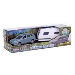 Kids Globe Farming Land Rover kov s přívěsem pro koně 26cm zpětný chod v krabičce