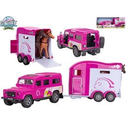 Kids Globe Horses Land Rover růžový kov s přívěsem pro koně 28cm zpětný chod v krabičce