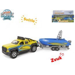 Kids Globe Traffic tahač s lodí kov 27cm zpětný chod na baterie se světlem a zvukem v krabičce