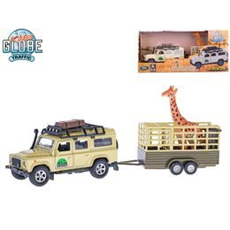 Kids Globe Traffic Land Rover Defender 14cm kov na zpětný chod s přívěsem 14cm a žirafou v krabičce