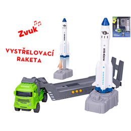 Auto nákladní 30cm na setrvačník na baterie se zvukem + raketa 16,5cm s vystřelovačem v krabičce