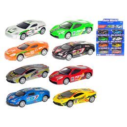 Auto závodní 10cm kov 1:43 zpětný chod 8druhů v krabičce 24ks v DBX
