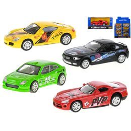 Auto závodní 9-10cm kov 1:43 na zpětný chod 4druhy 3barvy v krabičce 24ks v DBX