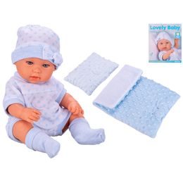 Miminko tvrdé tělo 33cm modré s peřinkami v krabičce