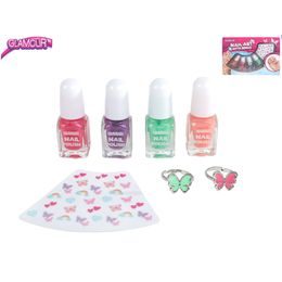 Glamour sada krásy s laky na nehty 2ml 4ks, prstýnky 2ks a nálepkami na nehty v krabičce