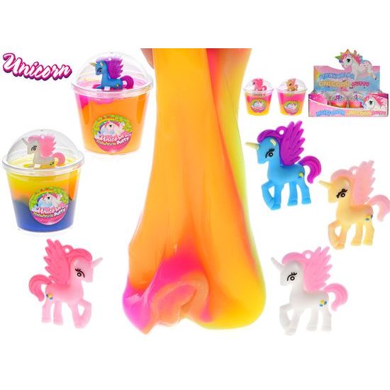 Unicorn hmota duhová v kelímku 9,5x7,5cm s jednorožcem 3barvy 12ks v DBX