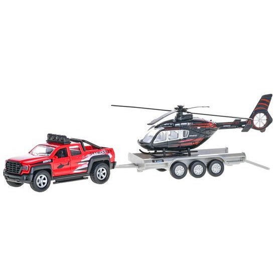 Kids Globe Traffic auto terénní 13cm kov na zpětný chod s přívěsem + vrtulníkem 20cm v krabičce