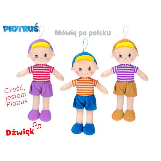 Panáček Piotrus' hadrový 32cm na baterie polsky mluvící 3barvy 0m+