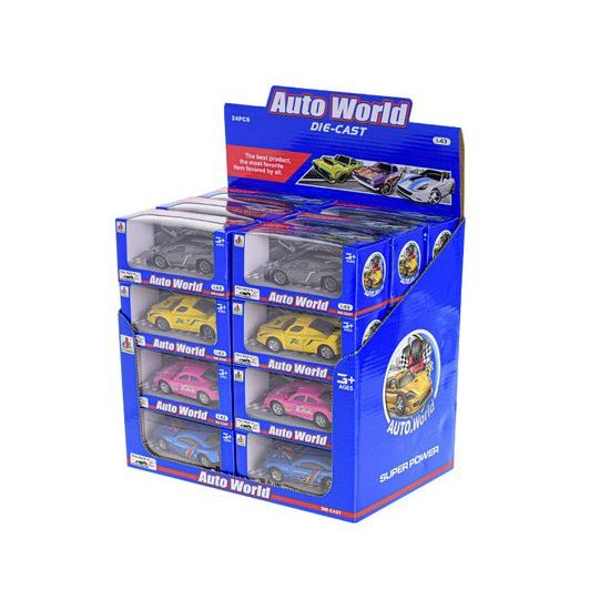 Auto sportovní 10cm 1:43 kov zpětný chod 4druhy v krabičce 24ks v DBX