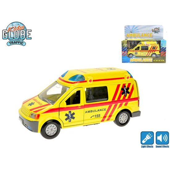Kids Globe Traffic ambulance CZ kov 14cm zpětný chod na baterie se světlem a zvukem v krabičce